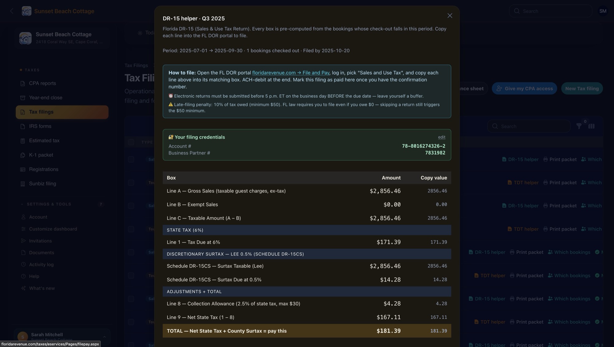DR-15 tax filing helper with copy-ready numbers