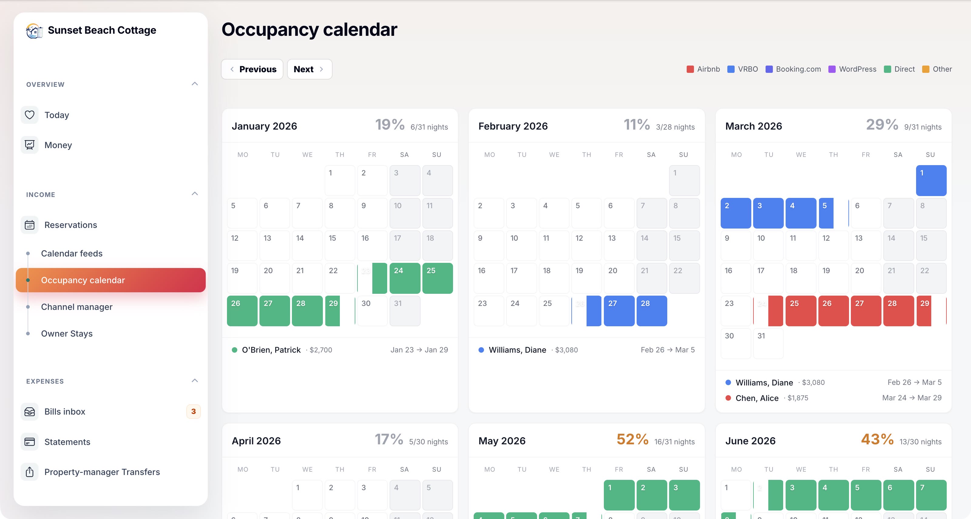Six-month occupancy calendar — green/blue/red blocks color-coded by booking platform